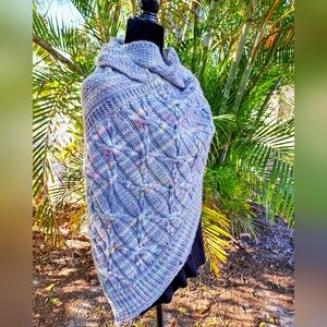 Hand Knitted Shawl Cable Gray Neon Speckled Hand Dyed Yarn Multicolor Accents